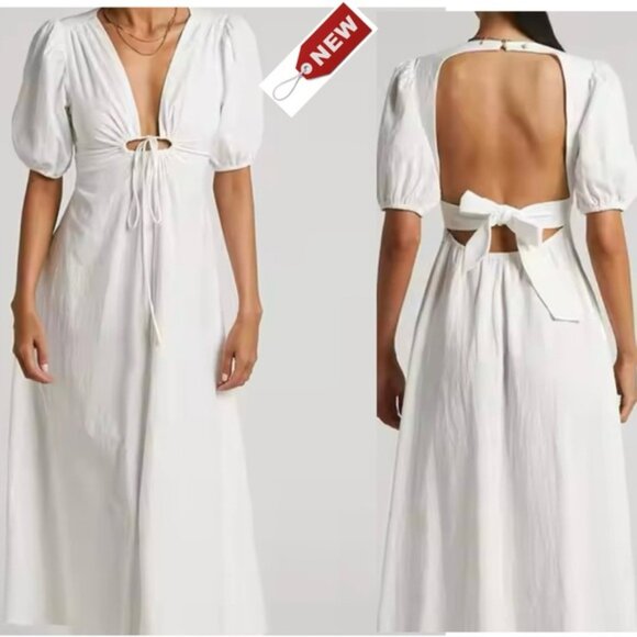 SINCERELY JULES WHITE SHORT SLEEVE RUCHED KEYHOLE MIDI DRESS Sz M NWT PRARIE - Picture 13 of 13